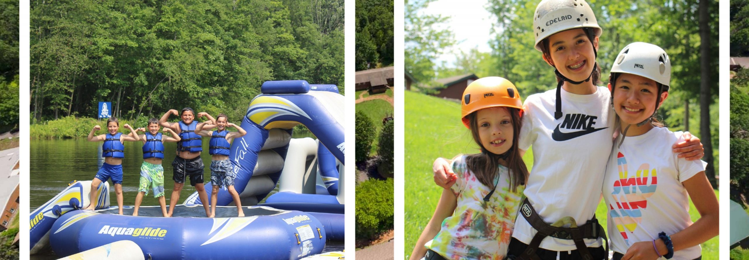 A photo collage of boys on a blow up obstacle course and girls rock climbing.